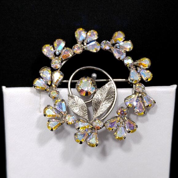 Vintage Sterling Silver Rhinestone Wreath Brooch, AB Rhinestones - Picture 10 of 10